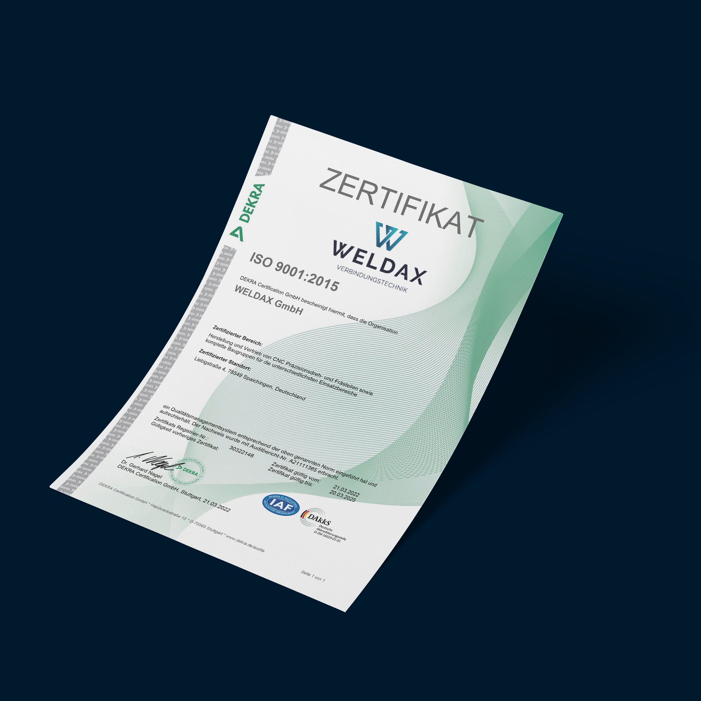 WELDAX Zertifikat ISO 9001:2015 dunkel